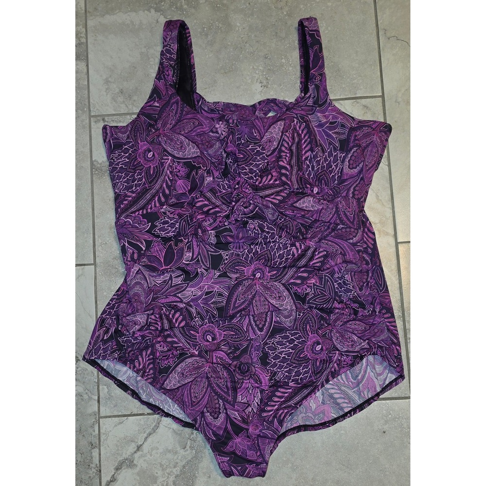 Lands End Womens 22W DD‎ One Piece Swimsuit Purple Paisley Floral Ruched 481177